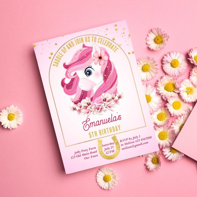 Pony födelsedagsfest-sadelhästar rosa och guld inbjudningar (Skapare uppladdad)