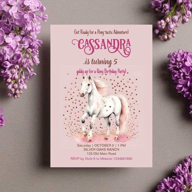 Pony födelsedagsfest white horse ro sprinkles inbjudningar (Pony birthday party template invitation instant digital download white horse rose gold sprinkles)