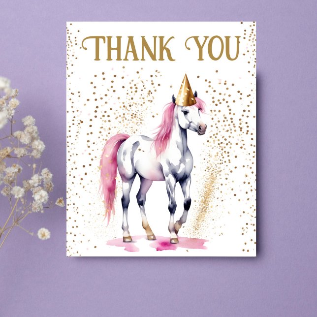 Pony födelsedagsfest white horse tack you card (Pony horses equestrian birthday party thank you card beautiful watercolor white pony with party hat)