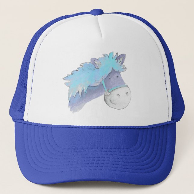 Pony häst blue vattencolor whimsical hat keps (Framsida)