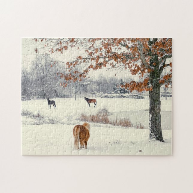 Pony och Horses i Snowy Fält Pussel (Horisontell)
