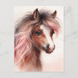 Pony With Pink Mane Watercolor Vykort