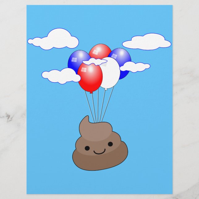 Poo Emoji som flyger med ballonger i Blå himmel (Framsida)