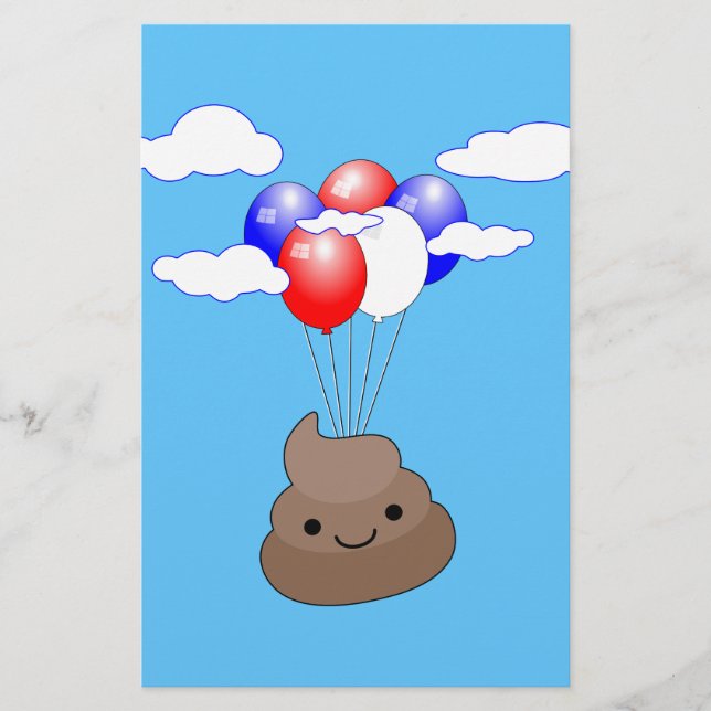 Poo Emoji som flyger med ballonger i Blå himmel Brevpapper (Framsida)