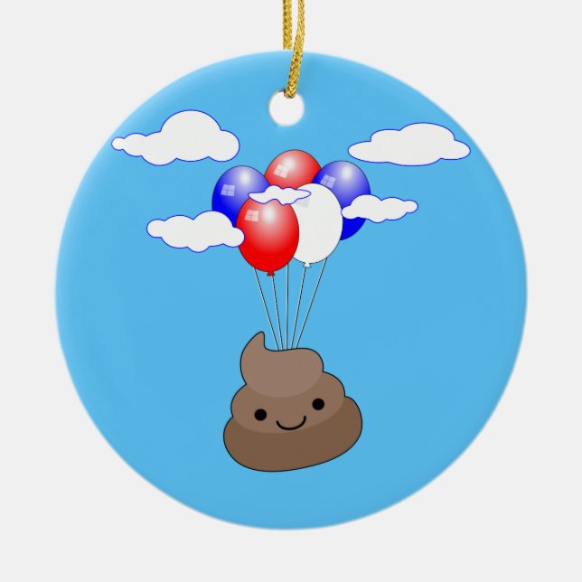 Poo Emoji som flyger med ballonger i Blå himmel Julgransprydnad Keramik (Framsidan)