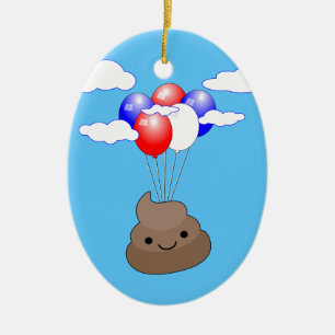 Poo Emoji som flyger med ballonger i Blå himmel Julgransprydnad Keramik
