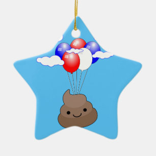 Poo Emoji som flyger med ballonger i Blå himmel Julgransprydnad Keramik