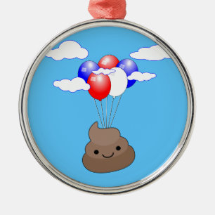 Poo Emoji som flyger med ballonger i Blå himmel Julgransprydnad Metall