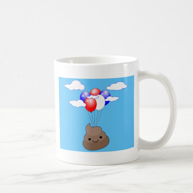 Poo Emoji som flyger med ballonger i Blå himmel Kaffemugg (Höger)