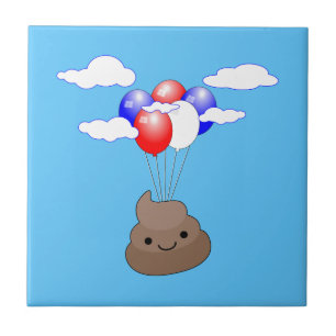 Poo Emoji som flyger med ballonger i Blå himmel Kakelplatta
