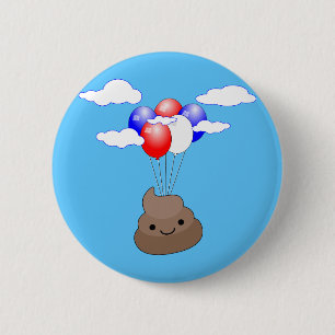 Poo Emoji som flyger med ballonger i Blå himmel Knapp