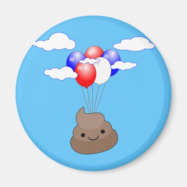 Poo Emoji som flyger med ballonger i Blå himmel Magnet (Framsidan)