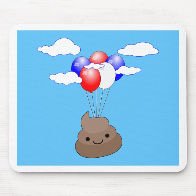 Poo Emoji som flyger med ballonger i Blå himmel Musmatta (Framsidan)