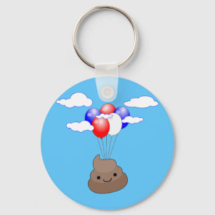 Poo Emoji som flyger med ballonger i Blå himmel Nyckelring
