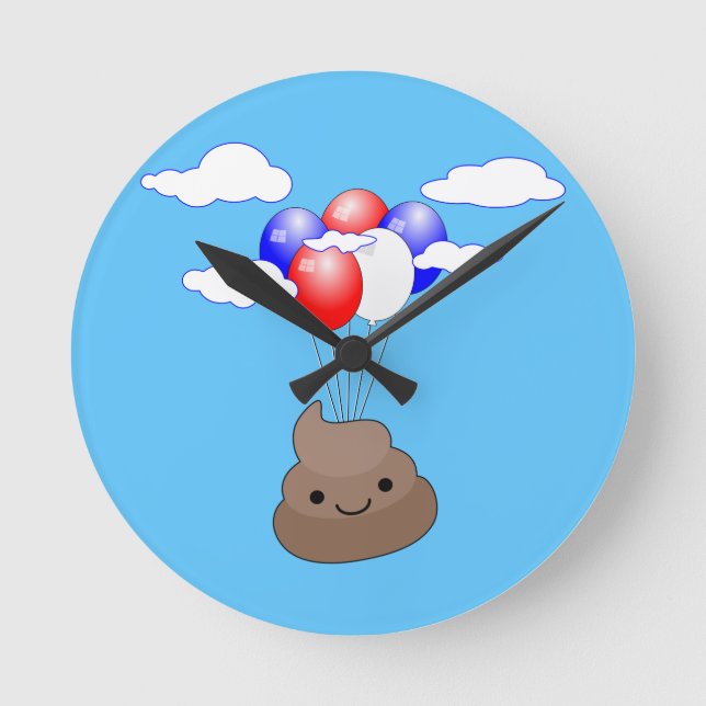 Poo Emoji som flyger med ballonger i Blå himmel Rund Klocka (Framsida)