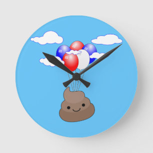 Poo Emoji som flyger med ballonger i Blå himmel Rund Klocka
