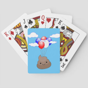 Poo Emoji som flyger med ballonger i Blå himmel Spelkort