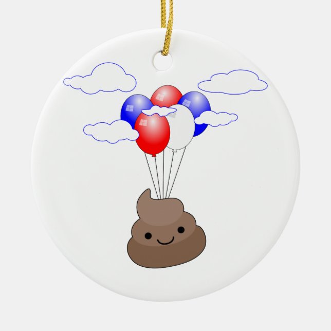 Poo Emoji som flyger med ballonger Julgransprydnad Keramik (Framsidan)