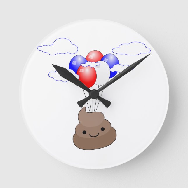 Poo Emoji som flyger med ballonger Rund Klocka (Framsida)
