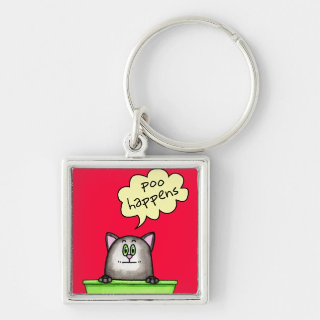 Poo Happens Keychain Fyrkantig Silverfärgad Nyckelring (Framsidan)