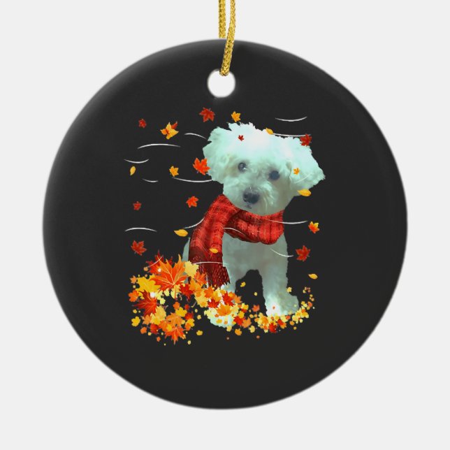 Poochon Höstskal - Hundar Höstlöv Julgransprydnad Keramik (Framsidan)