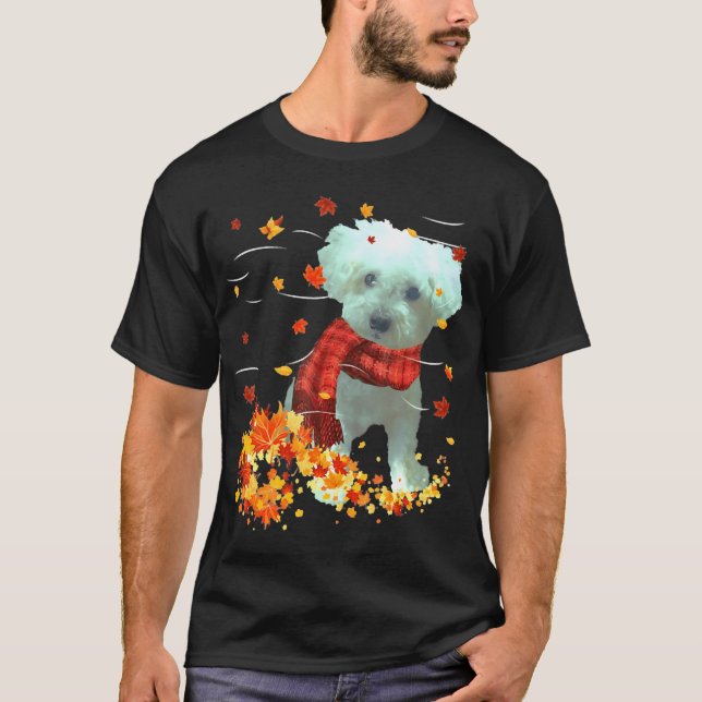 Poochon Höstskarf - Hundar Höstlöv T Shirt (Framsida)