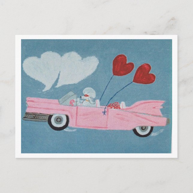 Poodlar i rosa cabriolet vykort (Framsida)