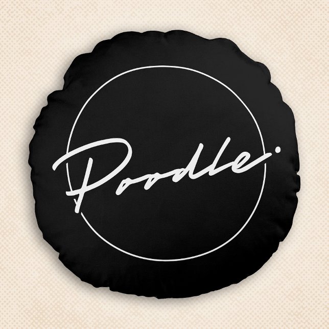 Poodle Chic Fancy Script Elegant Svart Rund Kastru Kudde (Poodle Chic & Fancy Script Black Round Pillow)