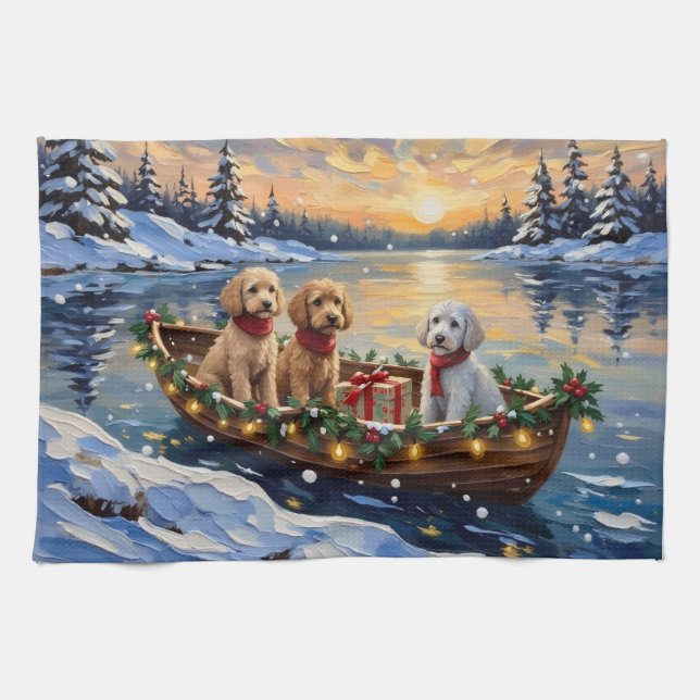 Poodle Christmas Boat Holiday Kökshandduk (Horisontell)