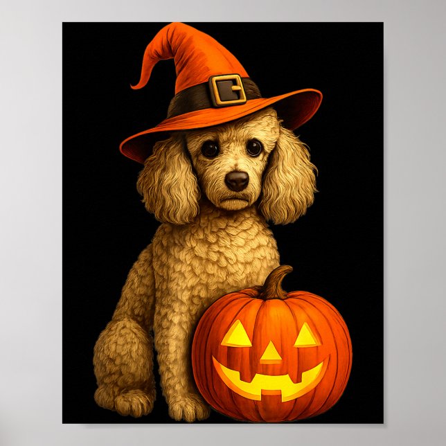 Poodle Halloween Pumpkin Witch Hat Dog Art Family  Poster (Framsidan)