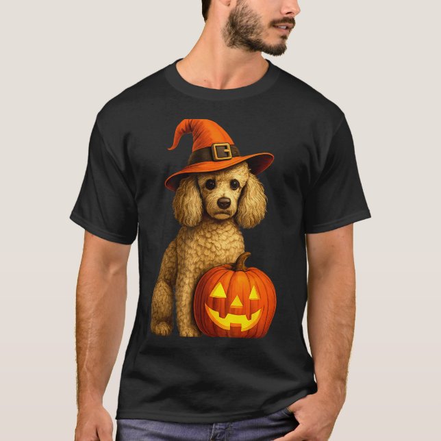 Poodle Halloween Pumpkin Witch Hat Dog Art Family  T Shirt (Framsida)