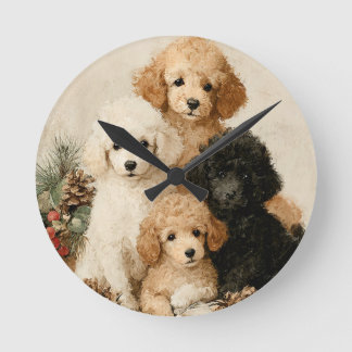 Poodle Puppies Vintage Christmas Rund Klocka