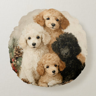 Poodle Puppies Vintage Christmas Rund Kudde