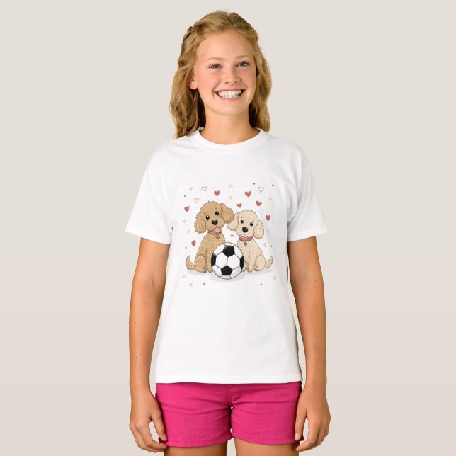 Poodles dogs with soccer ball for Valentine's Day T Shirt (Hel framsida)