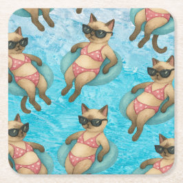 Pool Birthday Party for Cat Lovers  Underlägg Papper Kvadrat