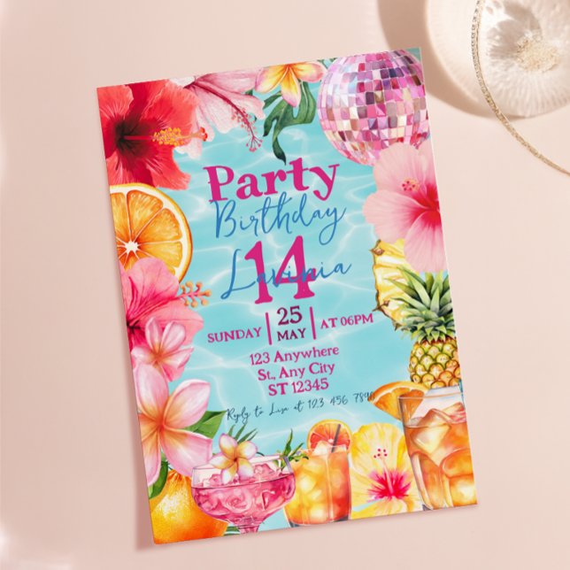 Pool Cocktail Party Tropisk Sommar Födelsedag Inbjudningar (Pool Cocktail Party Tropical Summer Birthday Invitation)