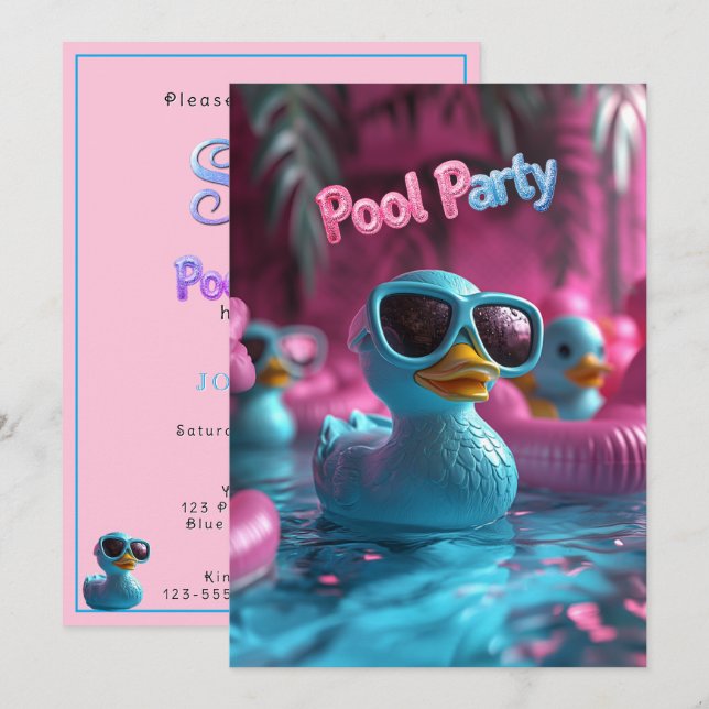 Pool Party Blå gummiand Pink Blå glitter text  Inbjudningar (Fram/baksida)