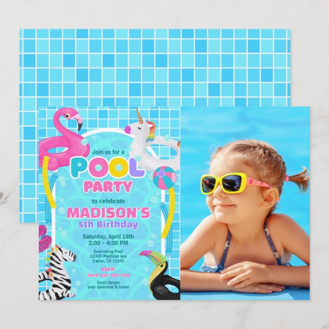 Pool Party Flamingo Enhörning Flotte Foto Födelsed Inbjudningar (Fram/baksida)
