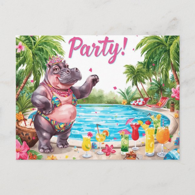 Pool Party Flodhäst på stranden Vykort (Framsida)