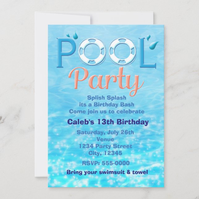 POOL PARTY Födelsedagstypografi Sommarinbjudan Inbjudningar (Framsida)