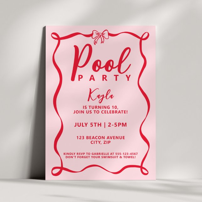 Pool Party Girly Red Bow Coquette Pink Wavy Inbjudningar (Skapare uppladdad)