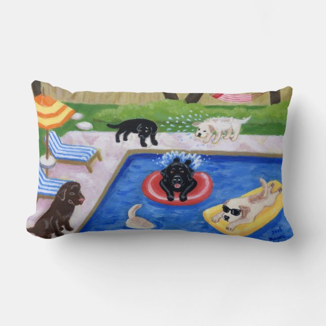 Pool Party Labradors Rolig Målning Lumbarkudde (Framsida)