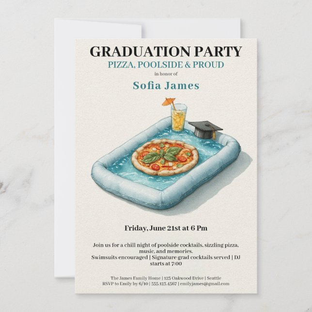 Pool Party Pizza Graduation Celebration Invitation Inbjudningar (Framsida)