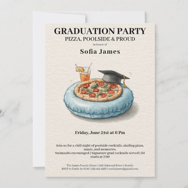 Pool Party Pizza Graduation Celebration Invitation Inbjudningar (Framsida)