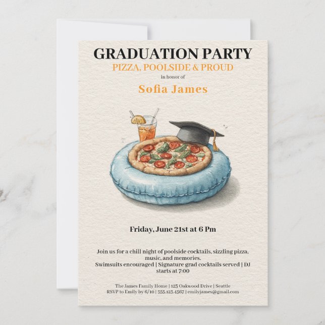 Pool Party Pizza Graduation Celebration Invitation Inbjudningar (Framsida)