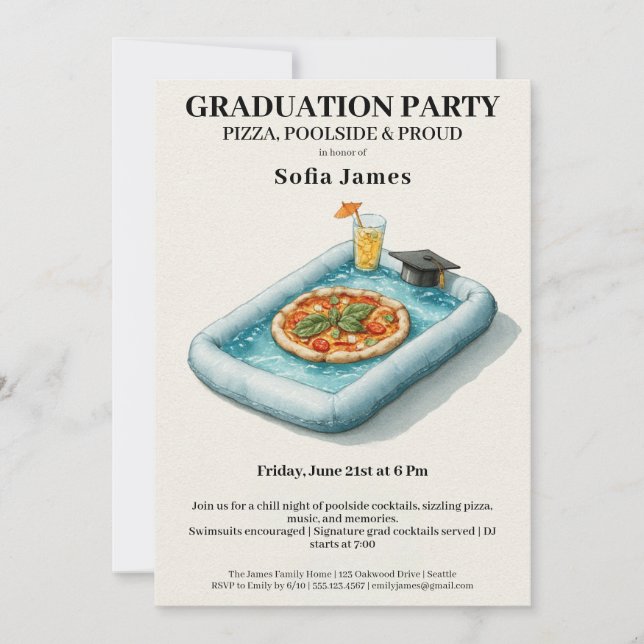 Pool Party Pizza Graduation Celebration Invitation Inbjudningar (Framsida)