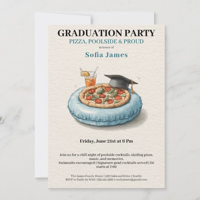 Pool Party Pizza Graduation Celebration Invitation Inbjudningar (Framsida)