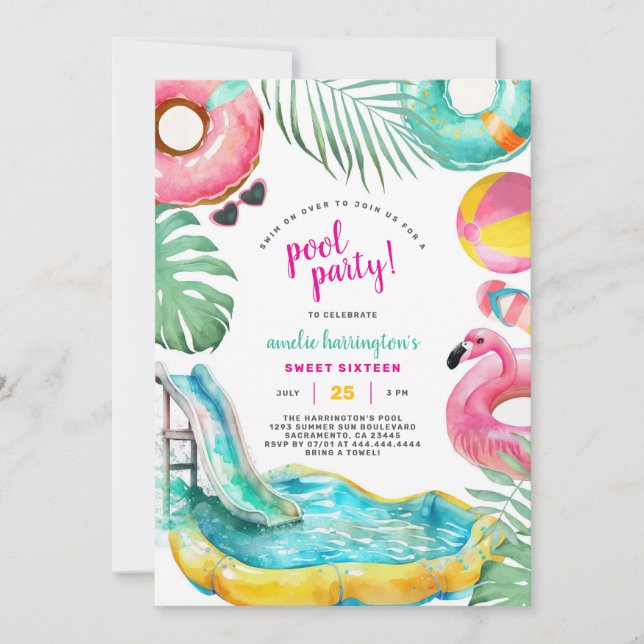 Pool Party Summer Beach Birthday Invitation Inbjudningar (Framsida)