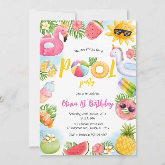 Pool Party Summer Theme Birthday Party Invitation Inbjudningar (Framsida)