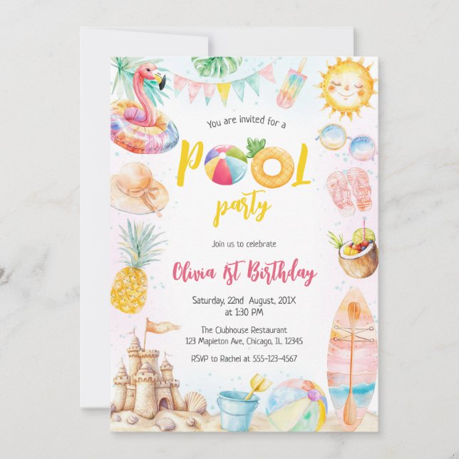 Pool Party Summer Theme Birthday Party Invitation Inbjudningar (Framsida)